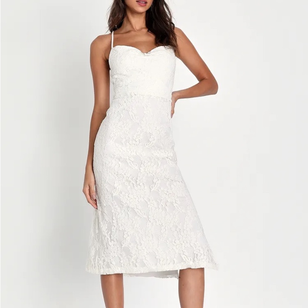 Infinite Charm White Lace Cowl Neck Sleeveless Midi Dress